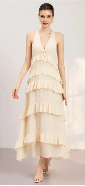Zara Chiffon Ruffled Cream Midi Dress 4772/314 NWT Size Small Boho Romantic thumbnail 1