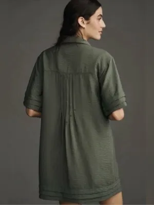 Anthropologie Pilcro Olive Green Short Sleeve Pintuck Tunic Shirt Dress Size Sm thumbnail 2