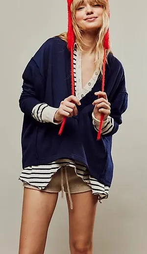 Free People Darcy Sweatshirt Top Navy Blue V Neck Medium thumbnail 1