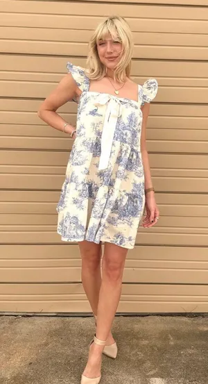 Blue and cream toile mini dress small thumbnail 1