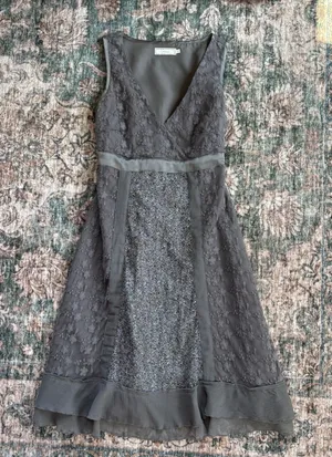 Vintage Cream Lace Midi Dress 34 Gray Sequin Ruffle Y2K Preppy Coquette Cottage thumbnail 1