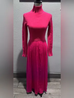 Anthropologie High-Neck Mockable Maxi Dress Fuchsia Knit dress & Pleated Skirt thumbnail 4