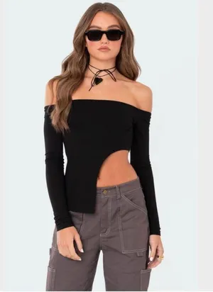 Edikted Top Crop Off-Shoulder long sleeve black thumbnail 1