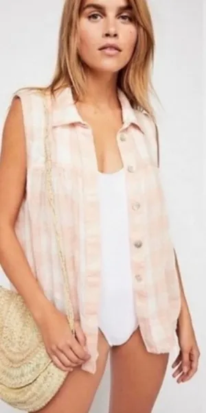 Free People Hey There Sunrise Tank Top gingham plaid check‎ pink white sz S thumbnail 1