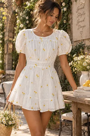 For Love & Lemons Abby White Yellow Floral Embroidered Open Back Mini Dress thumbnail 1