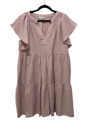 Calvin Klein Pink Crinkle Tiered Mini Dress Flutter Sleeve Pockets Size 16 thumbnail 1