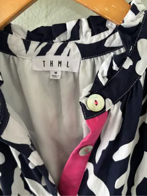 THML Blue & White Button Front Dress with Pink Accents thumbnail 2