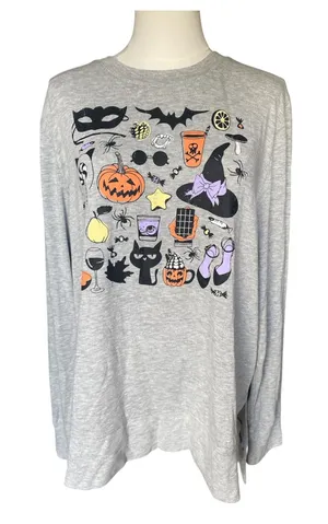 Halloween Graphic Long Sleeve Tee Shirt Gray Size XL thumbnail 1