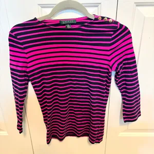 Lauren Ralph Lauren Pink Navy Striped Cotton Boat Neck Top Gold Buttons XS thumbnail 5