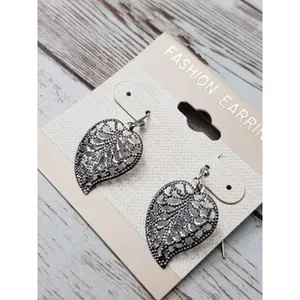 Ornate Leaf Earrings - Silver Tone Leaf Dangle Earrings for Pierced Ears - New thumbnail 2
