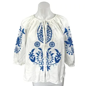 H&M White Blue Floral Paisley Embroidered Half Sleeve Button Down Blouse Top L thumbnail 1