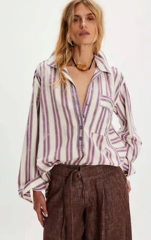 Free People Bohemian Preppy Pullover Shirt Tunic Ivory Stripes Coastal Medium thumbnail 1