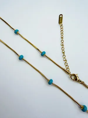 Gold blue beaded necklace snake chain minimalist stackable thumbnail 2