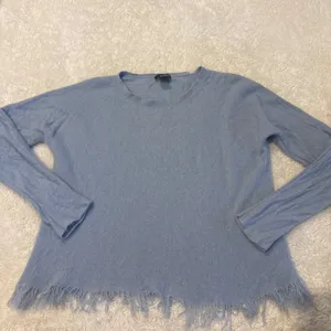 Womens Blue Cashmere Fringe Sweater XL Quiet Luxury Preppy Fall Chic Designer thumbnail 2