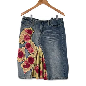 Vintage Y2K 90's Express 7/8 Denim Skirt Corduroy Floral Patches Ruffle Low rise thumbnail 7