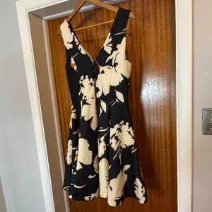 Anthropologie Floral Fit and Flare‎ V-Neck Scuba Dress Black Cream Sleeveless thumbnail 2