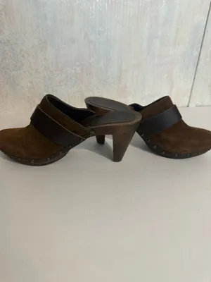 Vintage Coach Felicia Brown Suede, Wooden Heels, Dark Brown Leather Strap with Golden Hardware Sz 8 thumbnail 6