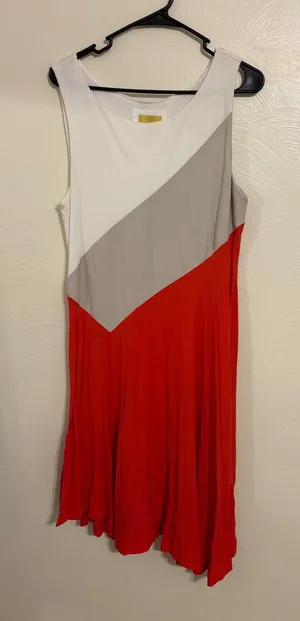 Maeve Anthropologie Large Colorblock Pleated Dress Red White Gray Sleeveless thumbnail 1