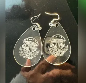 Handmade Mushrooms Engraved Clear Acrylic Teardrop Earrings Silver New thumbnail 3