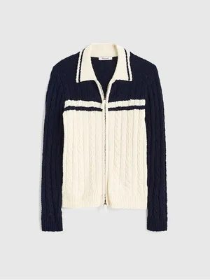 Madewell Cable Knit Zip Cardigan Sweater Collar Navy Medium thumbnail 9