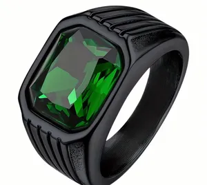 & Other Stories Men’s Wide Black Band with Ridges with Green Gemstone Size 10 thumbnail 1