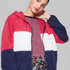 jacket lined windbreaker 2x pink blue & white‎ gently worn colorblock thumbnail 1