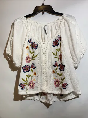 Anthropologie Embroidered Puff Sleeve Swing Blouse Boho Cotton Top Size XS thumbnail 2