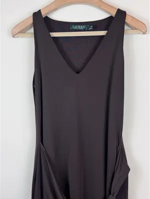 Lauren Ralph Lauren Chocolate Brown Draped Tie Side Asymmetrical Midi Dress M thumbnail 2