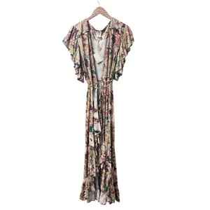 NEW BALIelf Made by Hand Carmen Wrap Short Sleeve Maxi Dress Beige Floral XL thumbnail 4