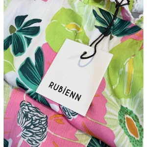 NWT Rubienn Maxi Dress L Pink Lime Green Floral Low Back Tiered Lace Trim Resort thumbnail 7