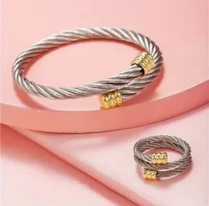 UNISEX Silver & Gold Cable Wire Bracelet + Ring Set thumbnail 5