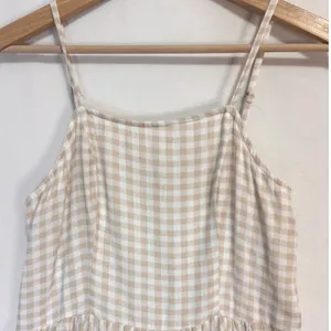 Gingham Midi Dress‎ Womens L Beige White Cotton Linen Blend Boho Cottage Summer thumbnail 2