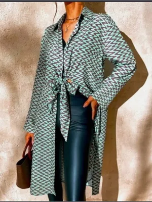 Zara 100% Cotton Mint Green & Black Chevron Tie-Front Long Shirt thumbnail 1