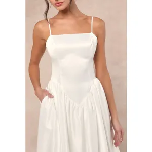 Lulus Luxe Bridal NWOT Bria White Satin Basque Waist Maxi Wedding Dress Medium thumbnail 2