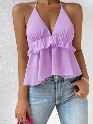 UUE Women's Purple Solid Halter V-Neck Ruffle Backless Tank Top, Size S thumbnail 8