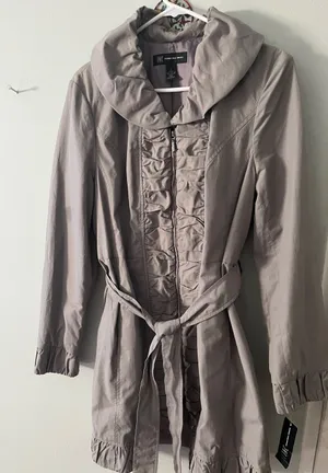 INC International Concepts Taupe Ruffle-Front Trench Coat with Hood thumbnail 1