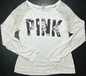 PINK Victoria's Secret Size L Lace-Sleeve Floral Logo Long Sleeve Top thumbnail 1