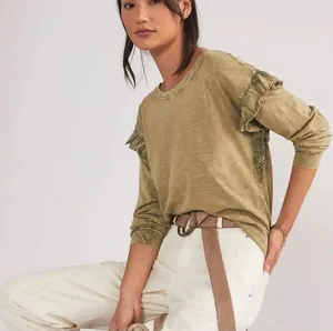 Anthropologie Pilcro Top Womens Sz M Ruffled Open Back Moss Cotton Long Sleeves thumbnail 1