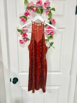 Intimately Free People XS Rust Crushed Velvet Halter Mesh Slip Mini Dress Boho thumbnail 2