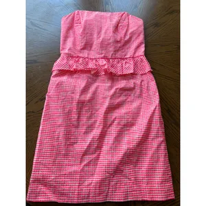 Lilly Pulitzer Pink Gingham Strapless Peplum‎ Mini Dress Size 0 Cotton Preppy thumbnail 2
