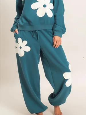 NEW Double Zero Teal Floral Appliqué Fleece Sweatshirt Jogger Set Medium thumbnail 11