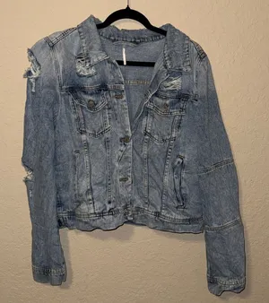 Free People Light Blue Distressed Denim Jacket thumbnail 1