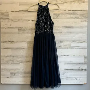Maya Deluxe Halter Dark‎ Blue Sequin Top Tulip Skirt Midi Sleeveless Prom Dress thumbnail 3