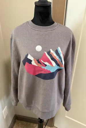 Mountain And Isles Grey Pullover Crewneck Sweatshirt‎ Mountains Outdoor Sunset L thumbnail 1