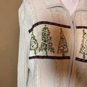 Storybook Knits Christmas Tree Zip Cardigan Sweater Beaded Cable‎ Knit Large NWT thumbnail 4