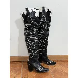 Women's Black & White Cowboy Western Boots Knee High Embroidered Block Size 6 thumbnail 3