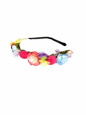 Floral Headband with Colorful Fabric Faux Flowers & Pom-Poms NWOT thumbnail 5