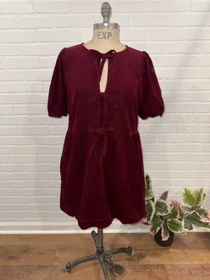 LOFT Corduroy Bow Tie-Front Mini Dress in Burgundy thumbnail 2