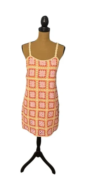 AQUA Bloomingdale’s Granny Square Crochet Mini Dress Boho Swim Coverup Small thumbnail 1