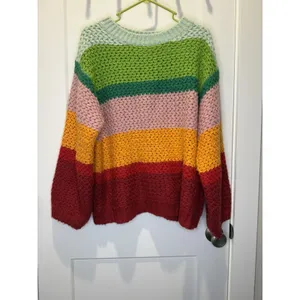 FARM Rio Women’s S Multicolor Rainbow Stripe Open Knit Crewneck Sweater Wool thumbnail 3